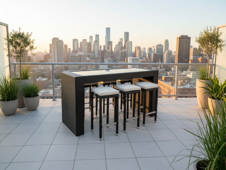 Outdoor patio set with stools and table on a rooftop with city skyline in the background